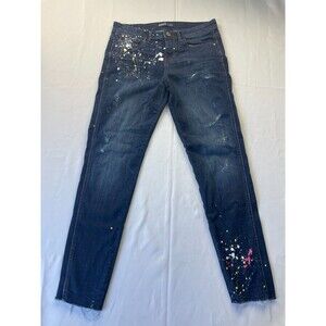 Zara Basic Z1975 Denim Jean Womens Size 6 Blue Denim Paint‎ Splatter Raw Hem